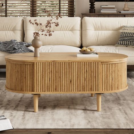 Table basse ovale relevable 100x48x54,5cm - design ondulé rangement compartimenté - mdfpin massif - chêne (1/5)