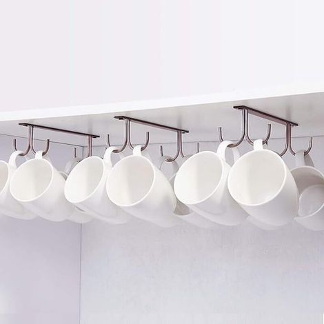 Enowelir Crochet De Rangement Sous Armoire En Métal Avec 4 Vis Set De 3 Porte-Gobelets Pour Tasses Verres À Bière Ustensiles De Cuisine Couleur Café (1/4)