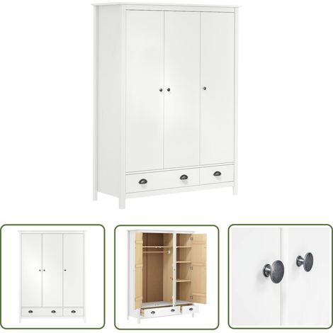 The Living Store Garde-robe à 3 portes Hill Blanc 127x50x170 cm Bois pin solide - Garderobe - Armoire - Meuble De Rangement - Dressing - Commode (1/5)