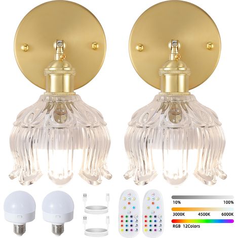 Lot de 2 appliques murales LED rechargeables avec télécommande, lampe de chevet sans fil, intensité variable, changement de couleur RVB, 3 000K-6 000K (1/5)