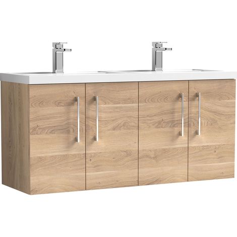 Balterley Bramshall 1200mm Wall Hung 4 Door Vanity Unit & Double Basin for Modern Bathroom Storage - Bleached Oak