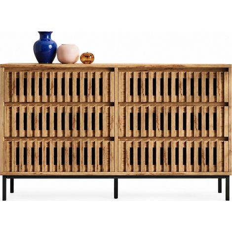 Cómoda 120/40/81 cm en color madera natural con 6 cajones y frentes de listones (1/5)