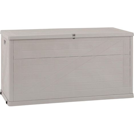 Toomax Multibox Wood baule da 420L multiuso 120x56x63h cm portaoggetti da giardino, finitura effetto legno, colore grigio tortora, resistente ai raggi UV, dotato di foro per lucchetto, per esterni