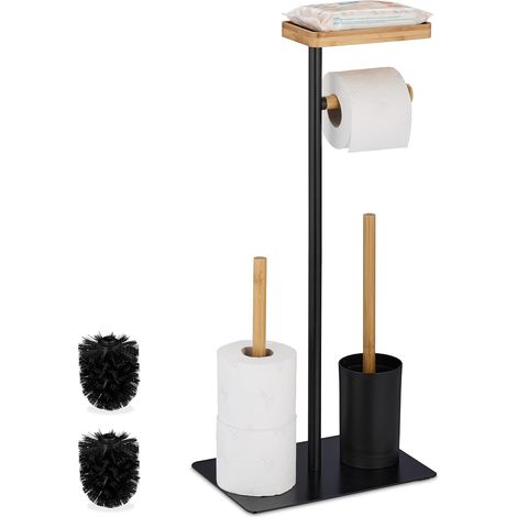 Serviteur WC, Bambou, Fer, Support Non Fixe, Brosse et Porte-Brosse, Noir - Nature (1/5)