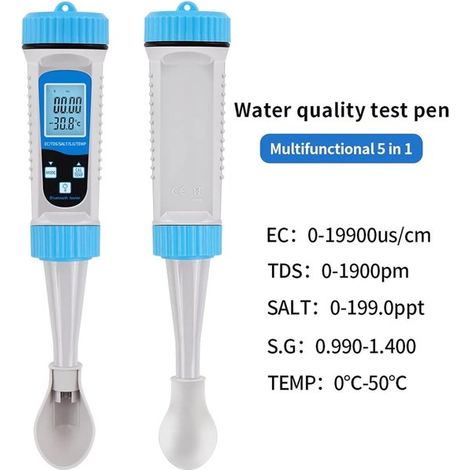 Tester di qualità dell'acqua Bluetooth 5 in 1: misurazione di TDS, pH, salinità, temperatura, EC, idroponica, acquari, piscine, rilevatore di qualità dell'acqua (1/5)