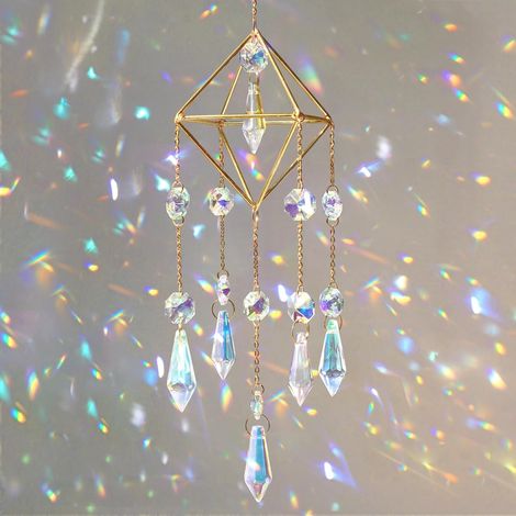 1 Attrape-Soleil Cristal, Pendentif Losange Métal Doré, Prisme Lumière pour Fenêtre Jardin Décor (1/5)