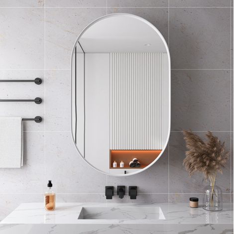 Specchio da bagno con mobile portaoggetti, armadio a specchio ovale, per bagno, soggiorno, camera da letto, bianco (1/5)