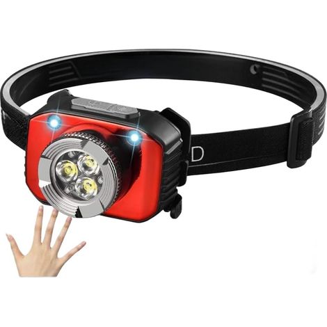 Lampe frontale rechargeable à LED avec capteur d'onde sans contact - Faisceau de 200 m - Charge USB-C - Équipement pour sports de plein air et course de nuit - Rouge (1/5)