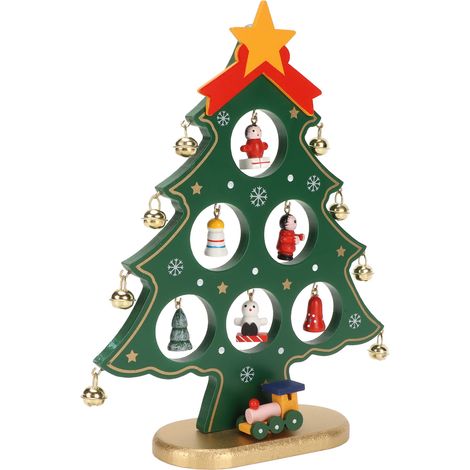 Sapin de Noël en bois vert, décoration de bureau incassable, écologique, avec 8 clochettes et 7 ornements, lot de 7 pièces, sans danger (1/5)