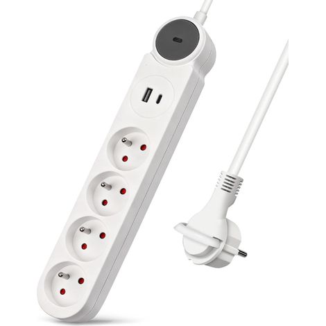 Multiprise 4 Prises et Une Prise USB et Une Prise de Type C Chargeur,Bloc Multiprises avec Interrupteur, Rallonge 3m 230 V avec sécurité Enfant pour Maison, Bureau, Blanc (1/5)