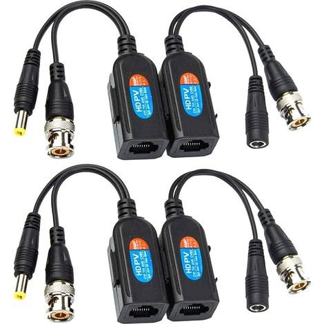 4 Pcs Balun HD Cat5 RJ45 vers BNC émetteur-récepteur Baluns Vidéo Passif avec Connecteur d'alimentation pour Caméra 1080P 3MP 4MP 5MP 8MP HD-CVI/TVI/AHD/CVBS / 960H (1/5)