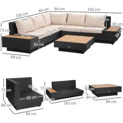 Ensemble de jardin HOMCOM pour 4 personnes avec étagères et table d'appoint, coussins d'assise inclus, noir, idéal pour terrasse et balcon. (1/5)