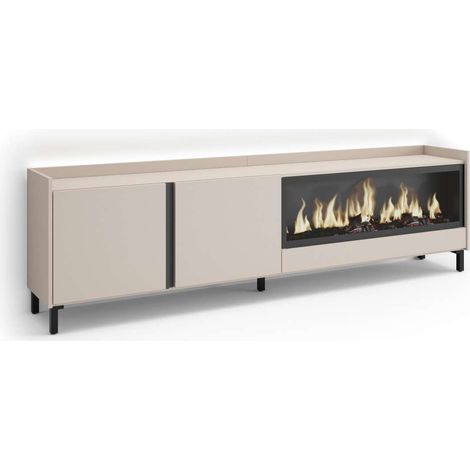 Mueble TV Marbella-01 de 212x61x35 cm con chimenea eléctrica y luces LED, diseño industrial, color beige (1/4)