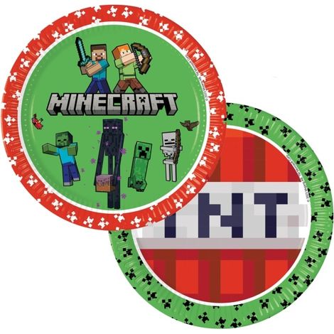 Platos de Minecraft con diseño de píxeles, ideales para cumpleaños, 23 cm, 8 unidades. (1/2)