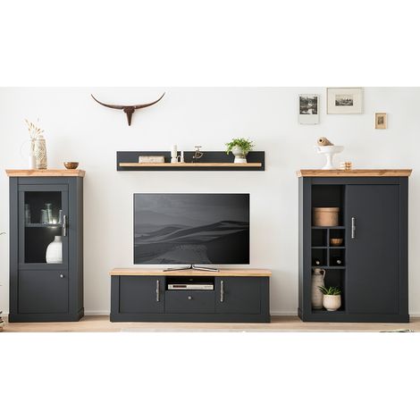 Wohnwandset im Landhaus Stil CESENA-61 in anthrazit mit Wotan Eiche Nb., B/H/T ca. 377/170/45 cm