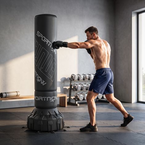 Sac de frappe autoportant de 180 cm, avec base à ventouses, lestable, amortisseur de chocs, gants inclus, pour l'entraînement à la boxe (1/5)