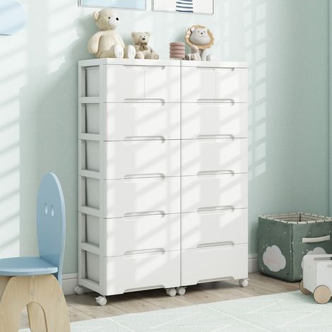 Meuble de Rangement sur Roulettes Commode Verticale à 6 Tiroirs Roulettes Universelles et Verrouillables Chariot de Rangement Blanc (1/2)