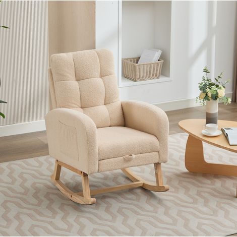 Poltrona a dondolo in bouclé beige, struttura in legno massello, 132 x 50 x 99 cm OKMYHOME (1/5)