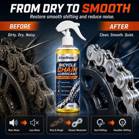 KineShineX bicycle chain lubricant is precisely sprayed to penetrate the chain links, preventing rust and moisture damage, and reducing wear. (1/4)