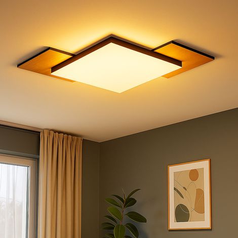 Plafonnier LED en bois Plafonnier de salon aspect bois Plaques interchangeables, acier plastique, 12W 1150lm blanc chaud, LxlxH 43x43x6 cm (1/5)