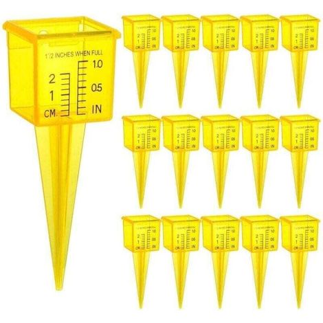 Lot de 15 jauges de Pluie de 3,5 cm avec Large Ouverture, Outil de Mesure de l'eau pour pelouse, Jardin, Cour, Jaune Vif, Transparent, zéro à 0,6 cm du Bas