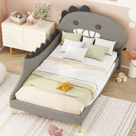 Letto per bambini in PU grigio 90x200 cm con testiera a dinosauro, rete a doghe inclusa (1/5)