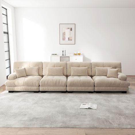 Divano angolare modulare a 4 posti con seduta profonda, divano letto in ciniglia, comodamente imbottito per soggiorno, appartamento, monolocale, ufficio, ciniglia marrone chiaro