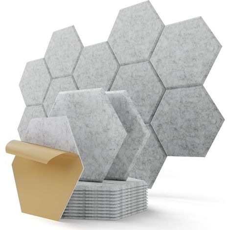 Panneaux Acoustiques Hexagone Autocollante, Lot de 12, Panneau Acoustique Haute Densité pour Mural, Porte, Plafond, Traitement Acoustique pour Home Studio, Gaming, Chambre, 30 x 26 x 0,9cm, Gris