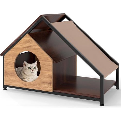 COSTWAY Casetta per Gatti da Interno, Cuccia per Gatti in Legno con Veranda, Tetto Inclinato Staccabile e Struttura in Metallo, Villa Industriale per Gattini, 84 x 43 x 58,5 cm (1/5)