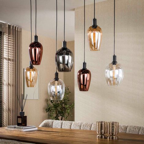 Suspension 7 lampes 120x37x150 cm en verre ambré, cuivré et chromé