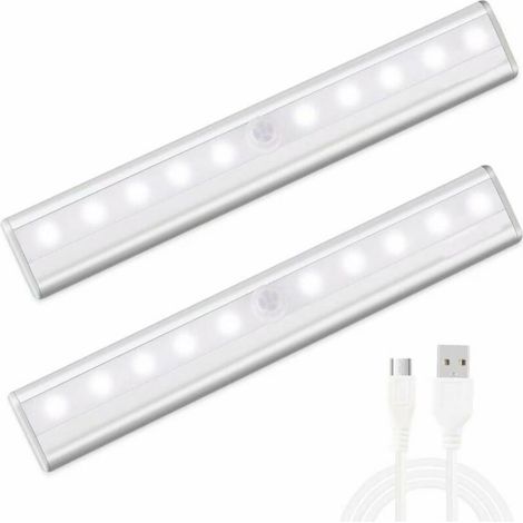 Lampe de Placard USB Rechargeable lampe 10 led detecteur de mouvement pour Cabinet Armoire Penderie Cuisine Couloir Toilettes, Avec Bande Magnetique Adhésive Amovible [2 Pack] (Blanc) (1/5)