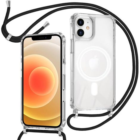 Coque pour iPhone 12 Mini avec Cordon Compatible avec MagSafe, Housse Magnétique Transparente Étui avec Collier Réglable Résistant Silicone Case, Chaîne Noir (1/5)