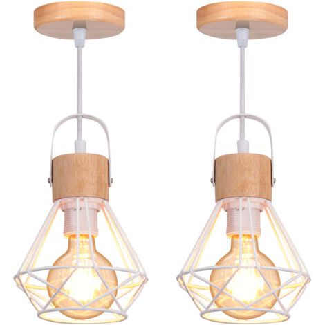 royaluxe- 2PCS Suspension Luminaire Rétro Lampe À Suspension Vintage Plafonnier D'Intérieur Moderne En Métal Et En Bois Blanc (1/5)