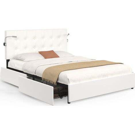Doppelbett MAEL 140 x 190 cm mit gepolstertem Kopfteil aus weißem PVC integrierte Leselampen und Bettkasten und 2 Schubladen auf