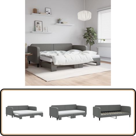 Lit de jour avec gigogne et matelas gris foncé 90x200 cm tissu - Canapé Convertible - Lit Tiroir - Lit Invité - Literie - Meuble Multifonctionnel