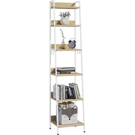 WOLTU Escalera Estantería Blanca de Estilo Industrial Estantería Almacenaje de Madera y Metal con 4 Ganchos Extraíbles Librería de 6 Niveles para Salón 41x36x187 cm (1/5)