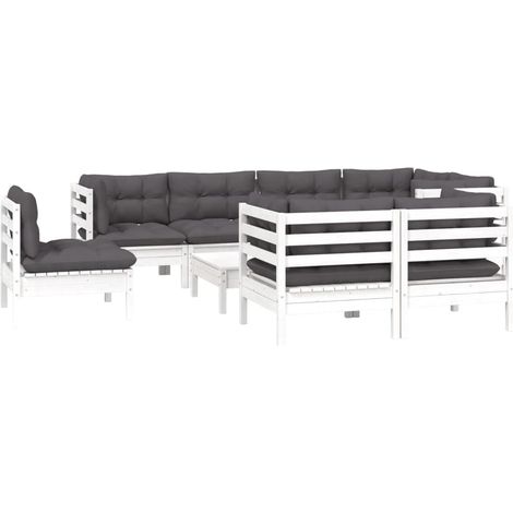 vidaXL Set Divani da Giardino 9 pz con Cuscini Bianchi Legno di Pino (1/4)