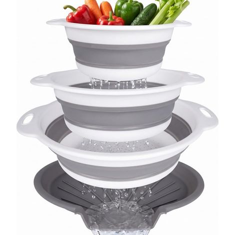 Beyamis Passoire pliable avec fond égouttoir, en silicone alimentaire, panier à poignée en D peu encombrant pour pâtes, fruits, légumes, cuisines de camping-car, blanche (1/5)