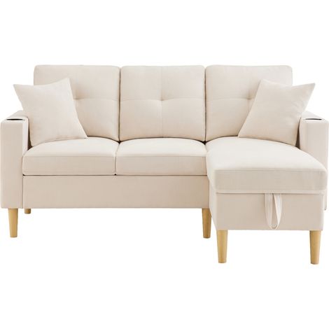 Sofá esquinero en L de 3 plazas con chaise longue, almacenaje y portavasos beige (1/5)