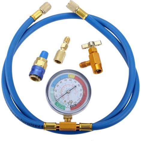 R134A Refill Hose Kit with Pressure Gauge, 150cm AC Refrigerant Refill Hose with Quick Connector R134A 1/2" Female R134A, Right Swivel Adapter R410A (1/5)