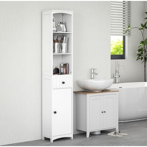 Mueble de baño columna clásico de madera blanco con 1 puerta, 1 cajón y 3 estantes, 34 x 24 x 170,5 cm (1/5)