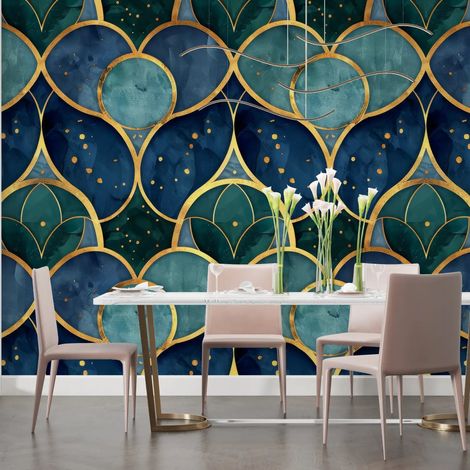 Papier Peint Géométrique - Motifs Bleus et Dorés Élégants - 300 x 250 cm (1/2)