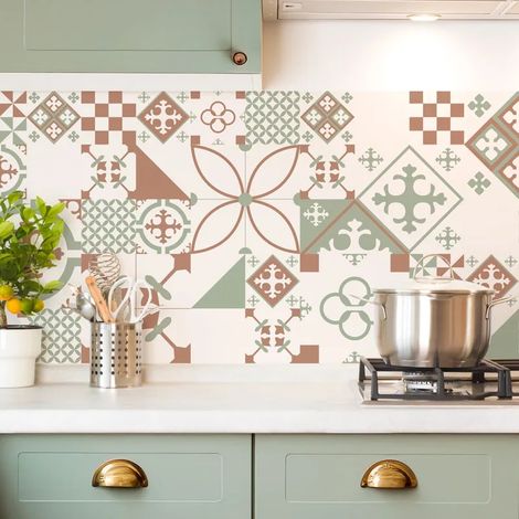 Crédence cuisine en aluminium - effet carreaux de ciment vert terracotta - 360x50 cm (en 3 bandeaux) (1/5)