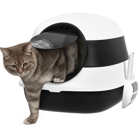 Tray to litter closed for cat with cover, shovel and deodorizer, design foldable, 52 x 41 x 38 cm, white and black (1/5)