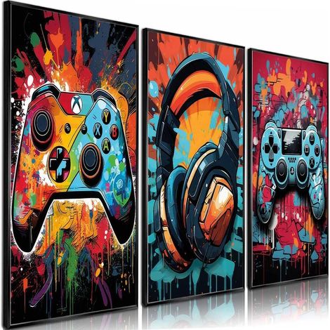 3 st Cool Gaming Väggkonst Retro Videospel akvarell Affischer Bilder Färgglada Neon Gamepad Canvas Målningstryck 30x40cm Oramade (1/5)