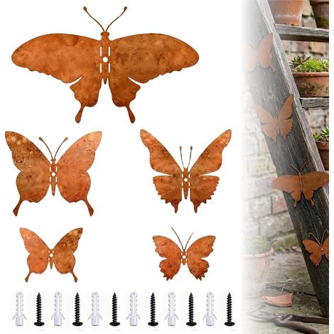 Lot de 5 Déco Jardin Métal Rouillé Vintage et Papillon Rouille Decoration Jardin Résistant aux Intempéries à Visser sur Arbre Clôture Terrasse ou Mur de Maison pour Décoration d'Extérieur (1/5)