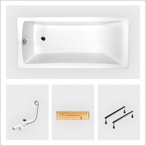 Rechteckige Badewanne - 150 x 70 cm - ohne Verkleidung - mit Füßen - Bambusablage - Chromablauf - OPTIMA