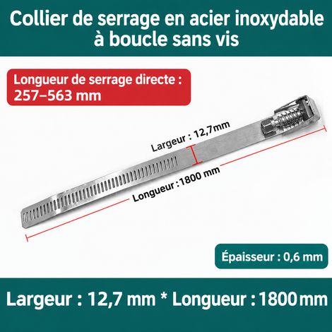 Collier de serrage déverrouillable inox 304 1800 × 12,7 × 0,6 mm pour câble 1800 257-563mm 2 × 2 × 2 cm 105 g – Livraison gratuite