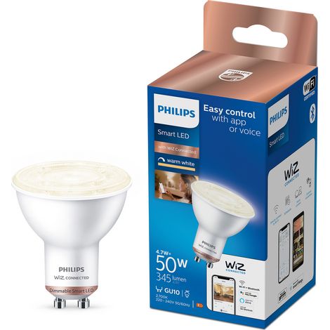 Bombilla LED Philips Smart LED Wi-Fi 4.8W 2700K Luz muy cálida. 7×6 cm. Spot PAR16. Regulable. Wi-Fi + Bluetooth. Control con aplicación WiZ o Voz PMMA y Policarbonato (1/5)