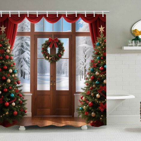 180 x 180 cm großer Duschvorhang mit Weihnachtsmotiv, Duschvorhang mit Weihnachtsmann-Motiv, Badezimmer-Dekorationsset, wasserdichtes Material, mit 12 Haken